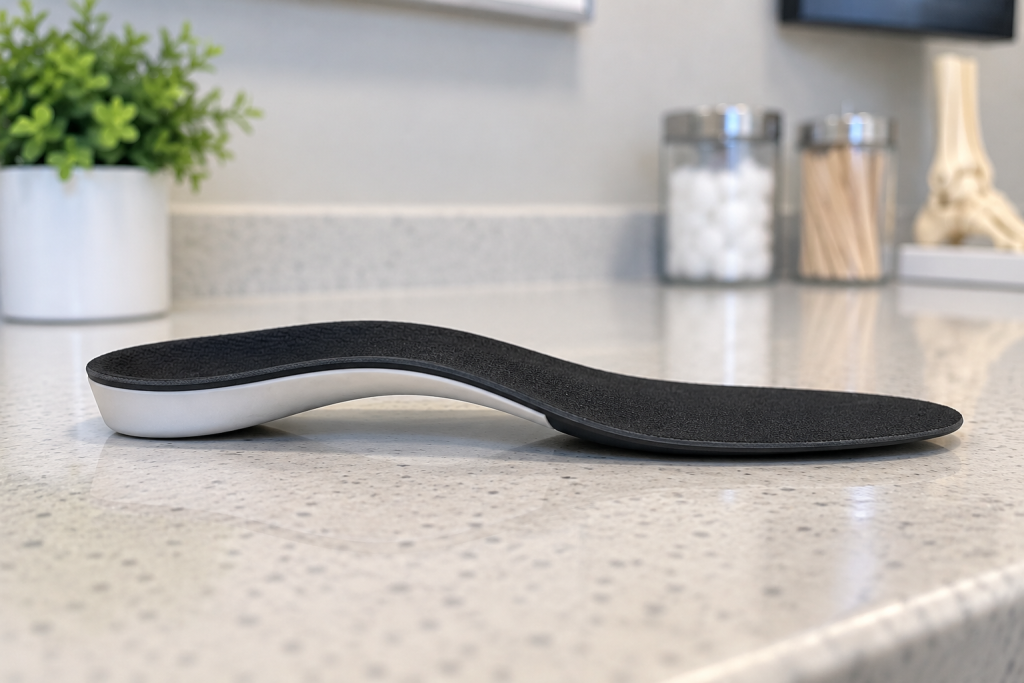 Custom foot orthotic showing arch support and black top cover