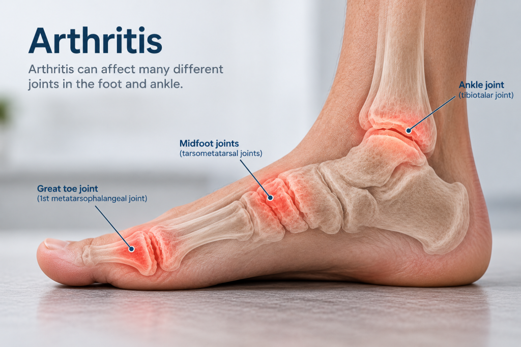 Foot and ankle arthritis affecting the great toe, midfoot and ankle joints
