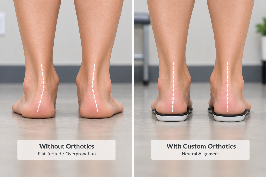 Custom orthotics supporting heel alignment compared with unsupported feet