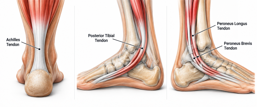 Achilles, posterior tibial and peroneal tendons of the foot and ankle